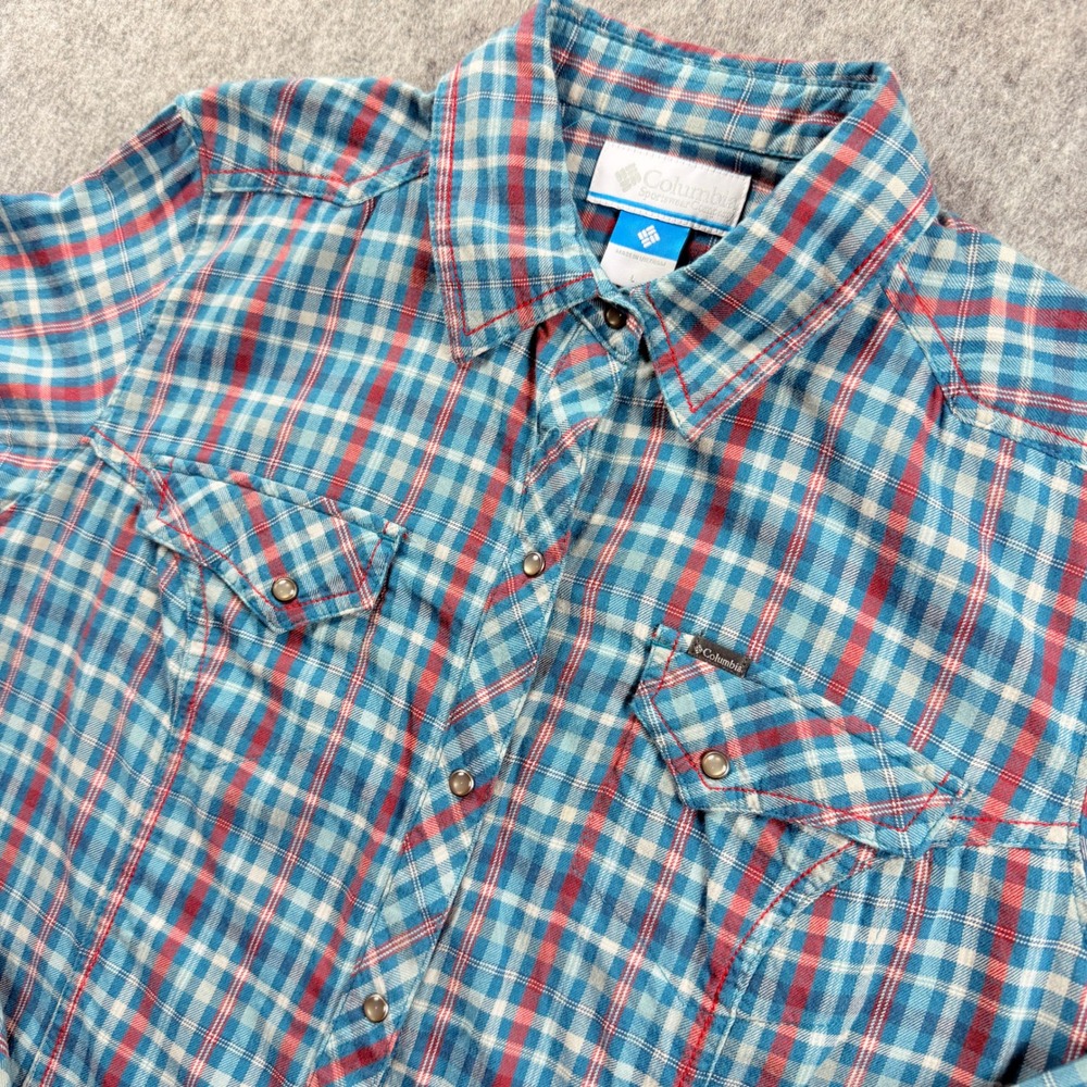COLUMBIA Womens Blouse Large Pearl Snap Long Sleeve Plaid Blue